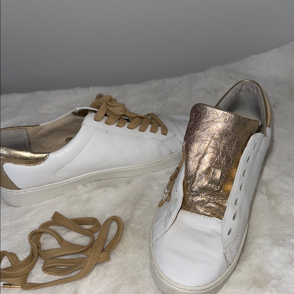 Michael Kors White and Gold Leather Sleek Sneakers - Picture 5 of 14